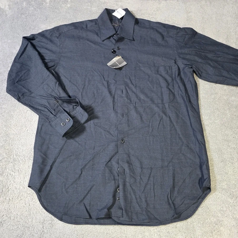 Hart Schaffner Marx Mens M Button Down Shirt Navy Blue Micro Check Long Sleeve